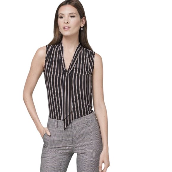 NEW White House Black Market Black & Ecru Ball-Chain Tie-Neck Stripe Shell - Picture 1 of 12